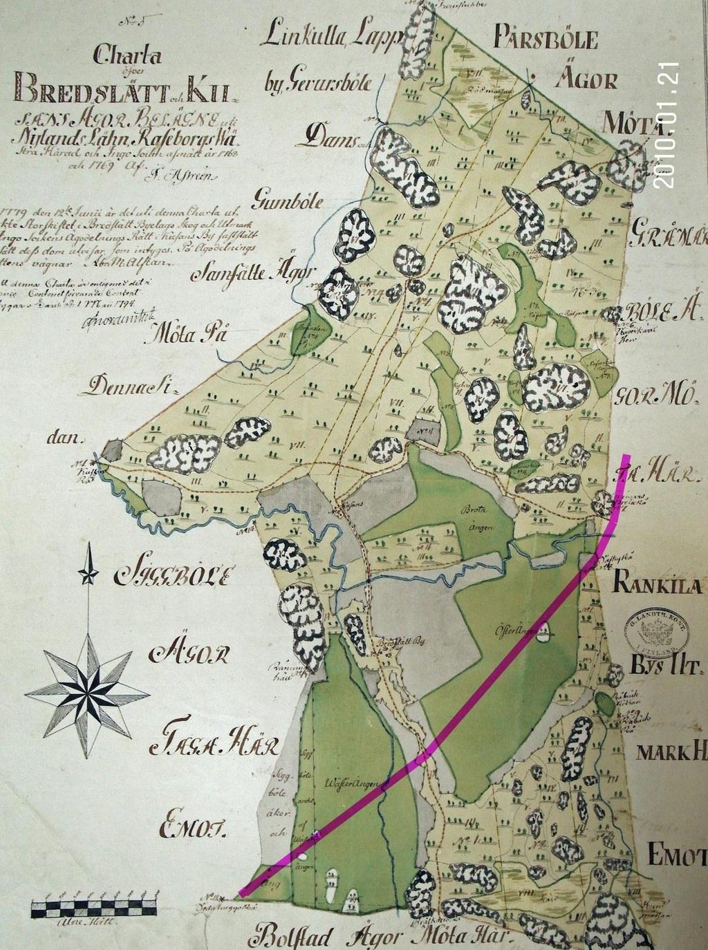 36 Bredlätt 1768 (B12 11). Myös karttakuvaa v. 1702 tarkasteltiin (B13a 8) ja siinä kylä samalla paikalla kuin 1768. Maakaasuputkilinja piirretty päälle.