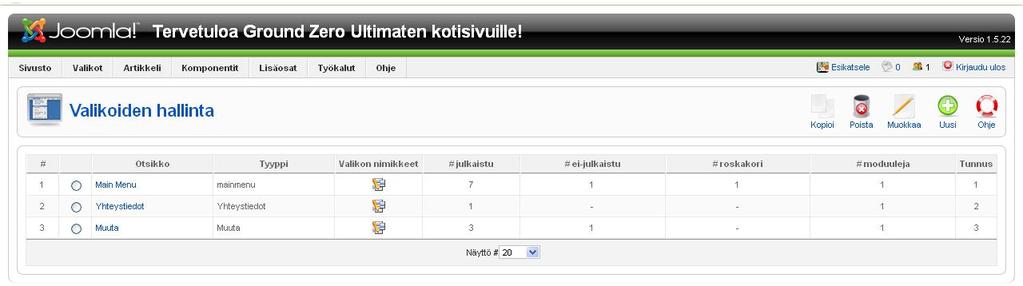 34 Kuvassa 11 on valikoiden hallintapaneeli, josta voidaan nähdä kaikki sivuille luodut valikot, jonka kautta niitä voidaan muokata tarpeen mukaan.