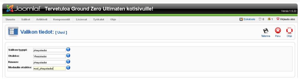 Valikoiden hallintapaneeli Uuden valikon luomisessa täytyy Joomlalle antaa valikon tyyppi, jonka perusteella Joomla tunnistaa valikon koodista.