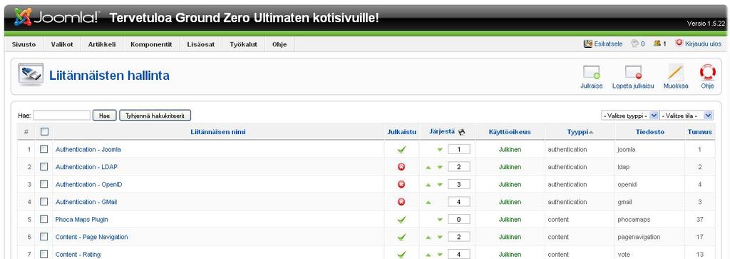 43 Kuva 22. Liitännäisten hallintapaneeli Jokaisella lisäosalla on omat ominaisuutensa.