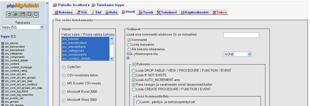 50 Kuva 25. PHPMyAdmin-ohjelman tietokantojen vienti-välilehti Seuraavaksi siirrytään webhotelli-palveluun. Tässä tapauksessa 000webhost.com-webhotelliin.