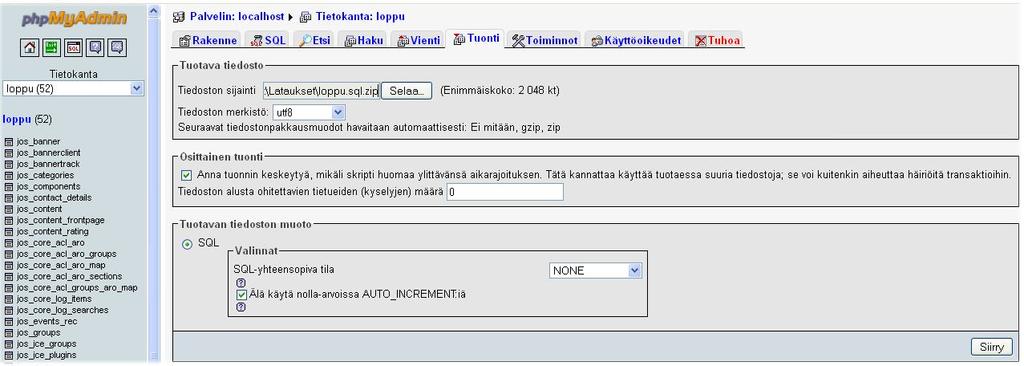 51 Kuva 26. PHPMyAdmin-ohjelman tietokantojen Tuonti-välilehti 5.