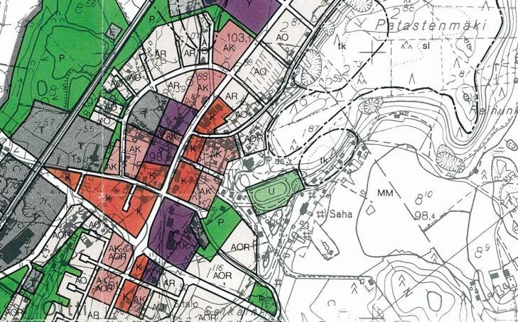 rastorakennusten korttelialuetta (T). Itäosa on puistoaluetta (P), erillisten tai kytkettyjen pientalojen korttelialuetta (AOR). Asutuksen ja urheilukentän väliin jää maa- ja metsätalousaluetta (MM).