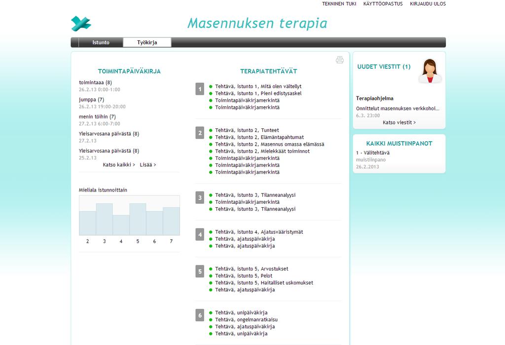 20 Kuva 2. Masennuksen nettiterapian Työkirja-näkymä. 4.3 Muut palvelut Suomessa HUS:n Nettiterapia-palvelu on ainut Suomessa toimiva julkisen sektorin verkkovälitteinen terapiapalvelu.