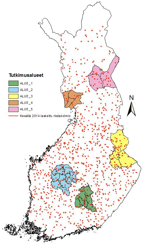 18 Kuva 2. Kesän 2014 aikana laskettujen riistakolmioiden sekä tutkimuksessa käytettyjen tutkimusalueiden sijainnit Suomen kartalla.