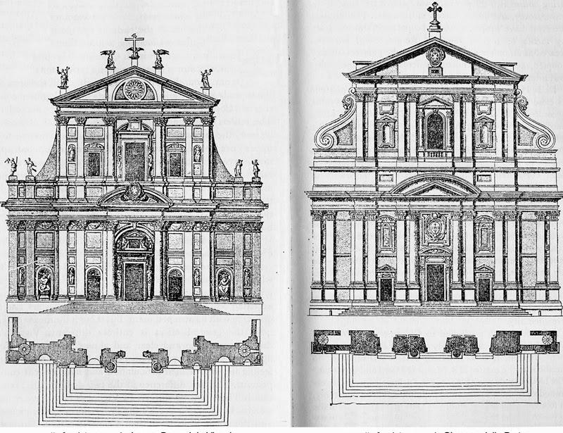 Quo Vadis Borromini? Vignolan ja della Portan julkisivusuunnitelmat vierekkäin. Edellisen julkisivussa vahvempaa syvyyssuuntaista liikettä, jälkimmäinen kenties hieman vaikuttavampi mittasuhteiltaan.