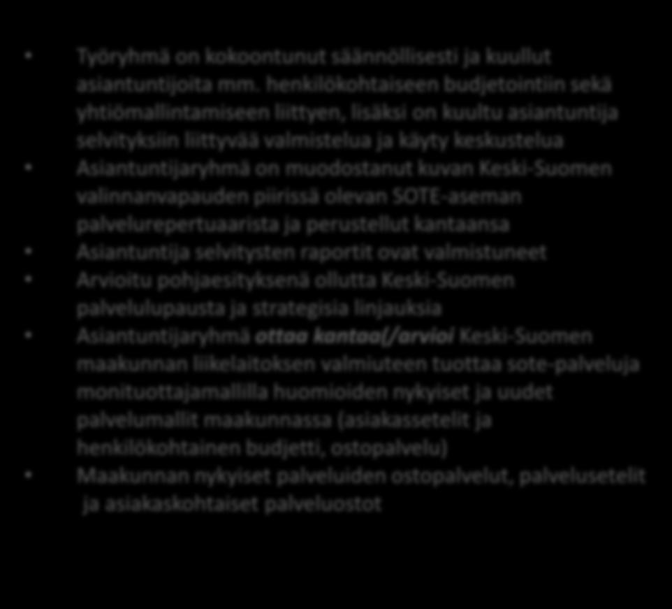 ) *Lisäksi työryhmä tekee maakunnan nykyisen ostopalvelun ja palveluseteli palveluiden selvityksen, osana liikelaitoksen valmistelua alatyöryhmänä Työryhmä on kokoontunut säännöllisesti ja kuullut