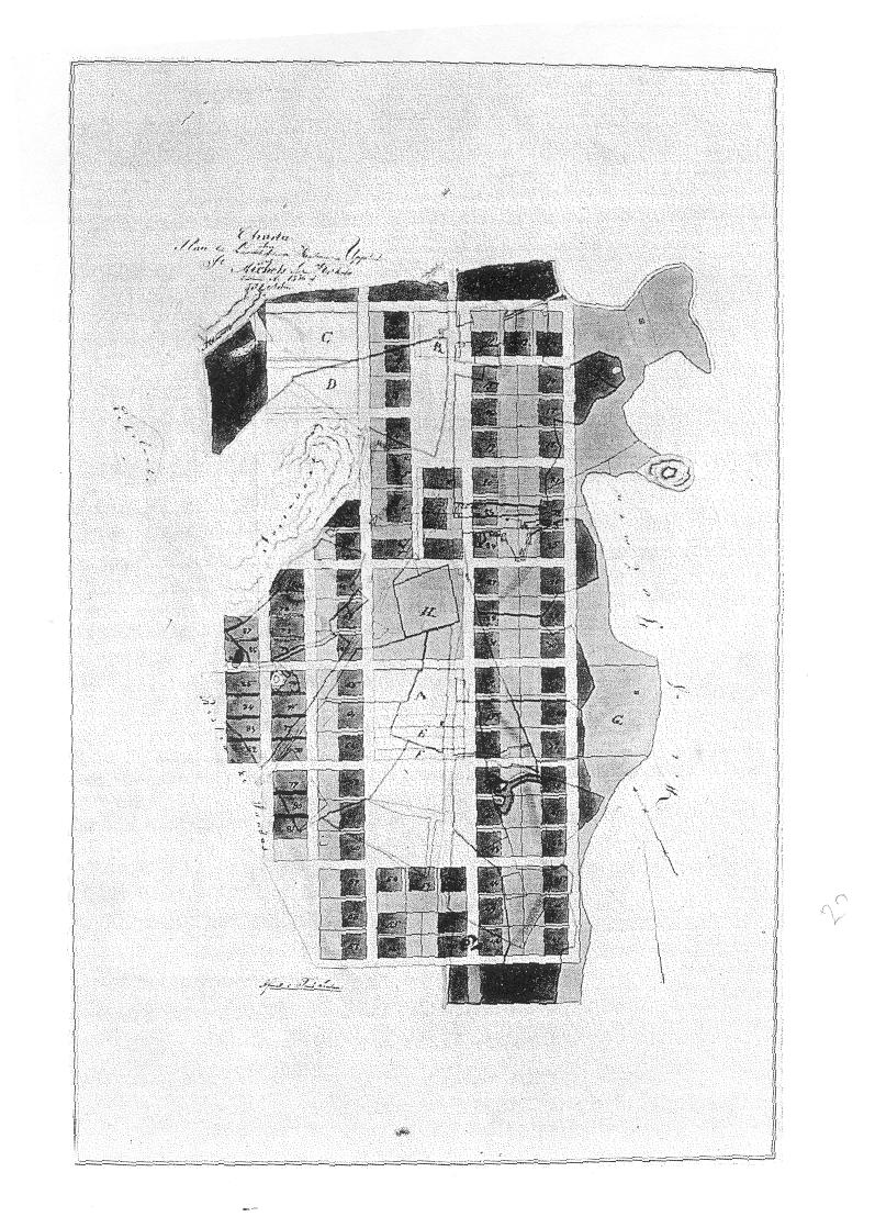 Keskustan kartta vuodelta 1836, Kirkkopuisto kuvan keskellä. (Kuujo:1971:57).