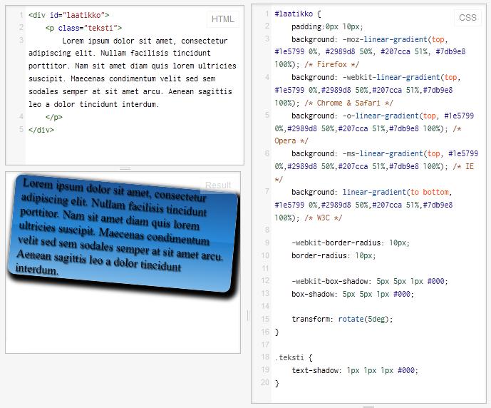 6 KUVIO 5. CSS3-esimerkki Kuviossa 5 nähdään esimerkki CSS3-määrittelyistä ja sen uusista ominaisuuksista. Vasemmalla ylhäällä on HTML-osuus, jota muokataan oikealla olevalla CSS3- määrittelyillä.