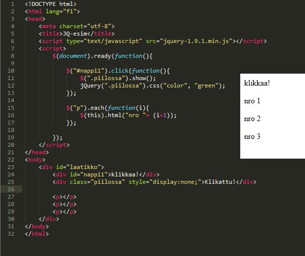 17 KUVIO 9. jqueryn esimerkkikoodi ja linkitys Kuviossa 9 on tavallinen HTML5-dokumentti, jossa rivillä kuusi tapahtuu jqueryn linkittäminen paikallisesta sijainnista.