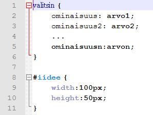 4 2.2 CSS CSS, eli Cascading Style Sheets on pääasiassa (X)HTML-dokumenteille tehty tyylikieli. CSS:ssä dokumentille voidaan määritellä tyyliohjeita, joista yhdessä kootaan esityssäännöt.