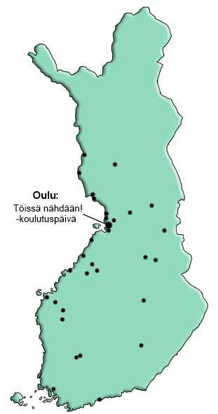 KUVIO 14. Osallistujien kotipaikkakunnat Suomen kartalla (kartta mukaillen Google Maps -palvelu, viitattu 14.9.