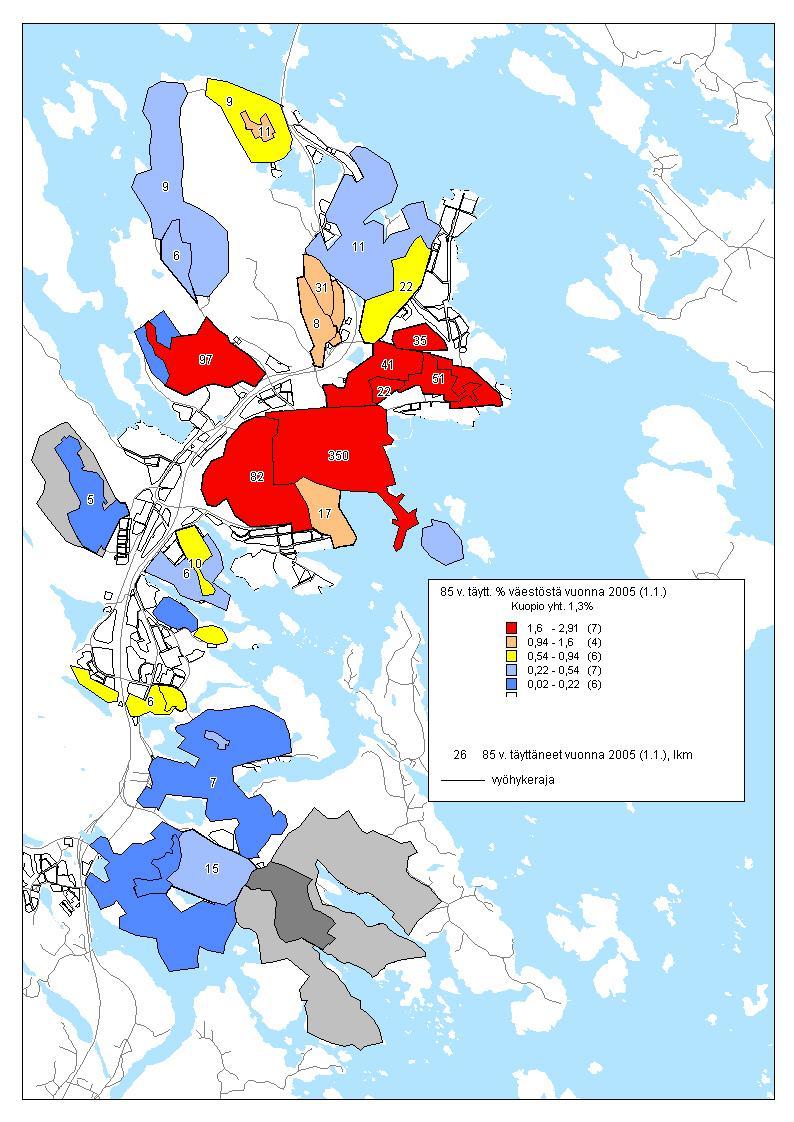 2.4. 85 vuotta täyttäneet 7 Vuoden 2005 alussa Kuopiossa 1,3% väestöstä oli 85 vuotta täyttäneitä (n. 1200). Kuopiolaisten 85 vuotta täyttäneiden määrä on noussut vuodesta 1999 n. 200 henkilöllä (yht.