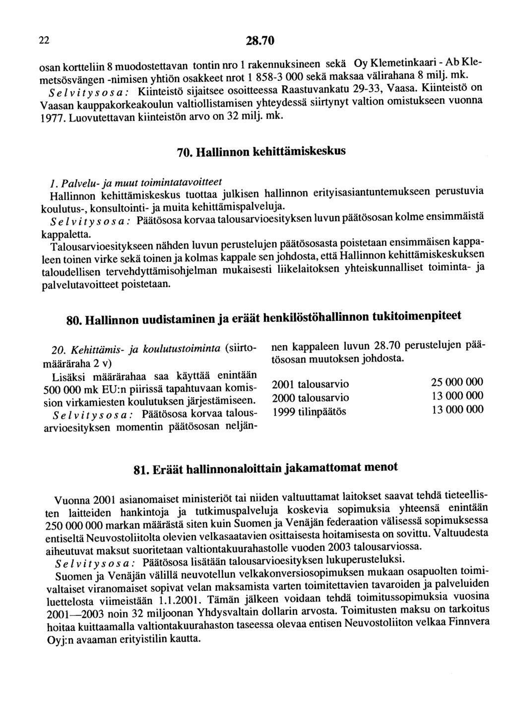 22 28.70 osan kortteliin 8 muodostettavan tontin nro 1 rakennuksineen sekä Oy Klemetinkaari - Ab Klemetsösvängen -nimisen yhtiön osakkeet nrot 1 858-3 000 sekä maksaa välirahana 8 milj. mk.