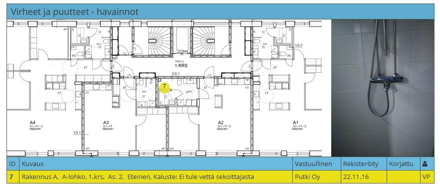 Raportti huoneiston virheestä tai puutteesta (Kuva 21). Raportissa virheen tai puutteen tarkka sijainti on merkitty pohjapiirrokseen sekä valokuva viasta.