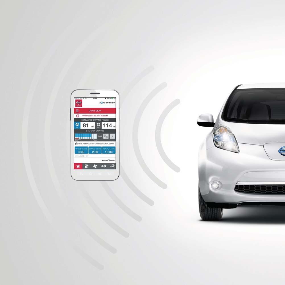 NISSANCONNECT EV PUHU LEAFILLE, SE KUUNTELEE. Tietojen vaihto onnistuu NissanConnect EV -järjestelmän avulla: älypuhelinsovelluksella saat etäyhteyden LEAFiin.