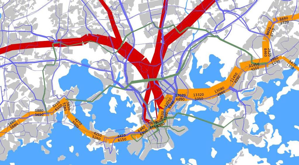 Kuva 8 Metron matkustajamääräennuste, aamuhuipputunti 2050. Kuva 9 Joukkoliikenteen matkustajamäärien muutos 2009->2050, aamuhuipputunti.