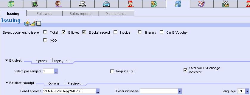 19. Tulosta lippu ja lähetä asiakkaalle uudesta lipusta ITR valitse Issuing valitse E-ticket ja E-ticket receipt valitse E-ticket Options valikosta tarvittaessa TST options, Passenger selection jne.