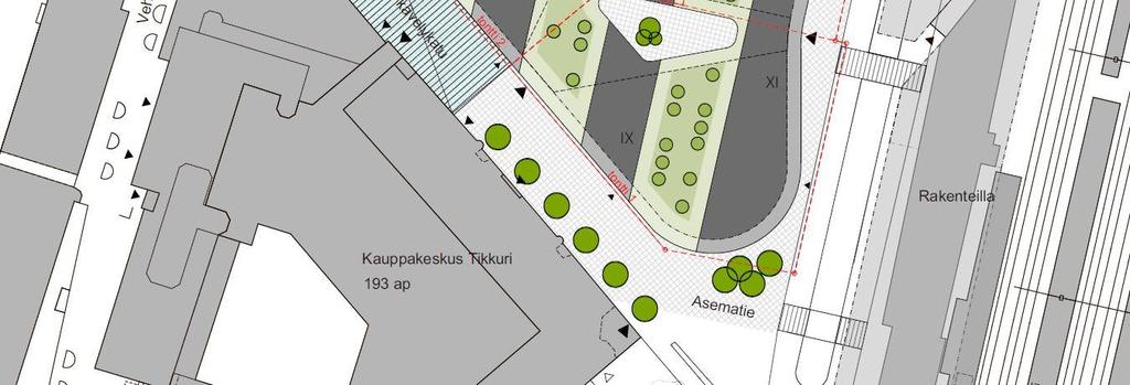 Kari Leppänen Arkkitehtien laatimassa suunnitelmassa ensimmäisen kerroksen muodostaa liikekeskus, jonka sisäänkäynnit sijoittuvat Männistönpolulle, Ratatielle ja Asematielle.