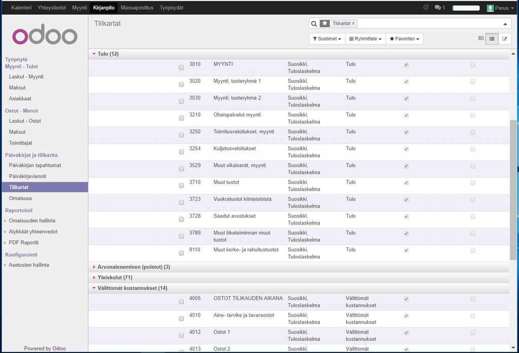 5 Tilikartta Tilikartta voidaan tulostaa Kirjanpidon valikon lalla: Kirjanpito => Päiväkirjat ja tilikartta => Tilikartat Tilikartan näytössä voi hyödyntää kaikkia Odoo n hakutoimintoja, suotimia ja