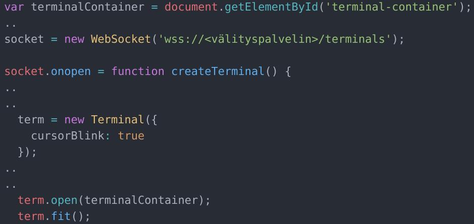 16 välityspalvelimen terminals-polkuun. Yhteyden mukaan liitetään JSON Web Token, joka lähetetään evästeenä. Koodissa 7 näkyy selainsovelluksen toiminta. Koodi 7.