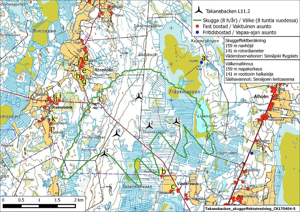 Page 6 of 10 Takanebacken_Valkeselvitys_CK170404-1rev-SA_EQ 4 Välkevaikutukset Välkemallinnukset on suoritettu LAI 2002 mukaisesti, ottaen huomioon voimalan lapojen keskimääräiset leveydet, joiden