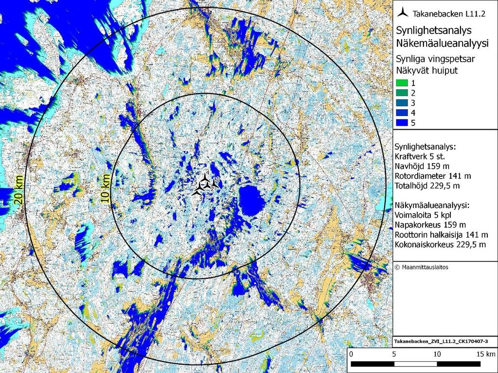 Page 5 of 6 Takanebacken_ZVI_L11.2_FI_CK170404-2SA 3 Tulokset Seuraavassa kartassa esitetty näkemäalueanalyysin mallinnustulos. Kuva 1.