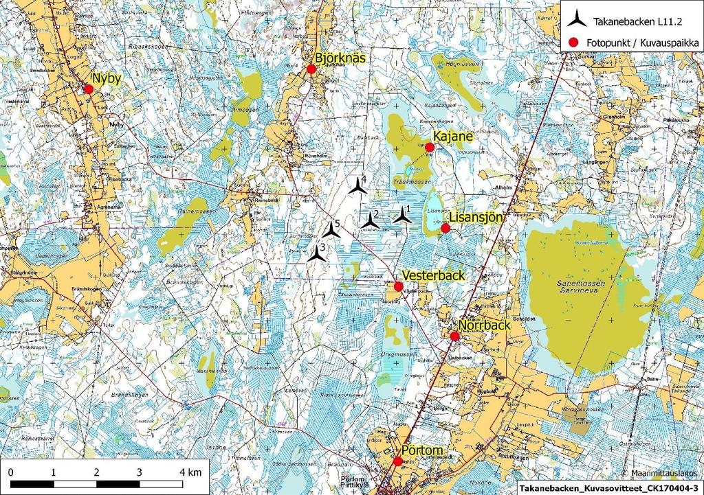 Sida 11 av 14 Takanebacken_Kuvasovitteet_CK170404-3SA_EQ Figur 1. Kuvauspaikat ja viiden voimalan sijoitussuunnitelma. 3 Lähteet Etha Wind Oy (2015).