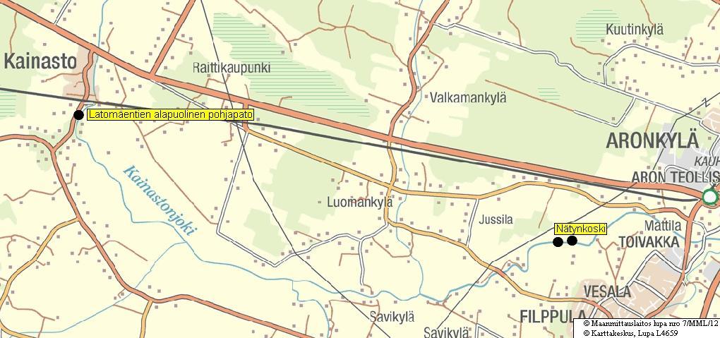 Kuva 27. Sähkökalastuspaikat Kainastonjoella. Nätynkoskella kalastettiin vuonna 2006 idempänä kuin muulloin. 7.1.