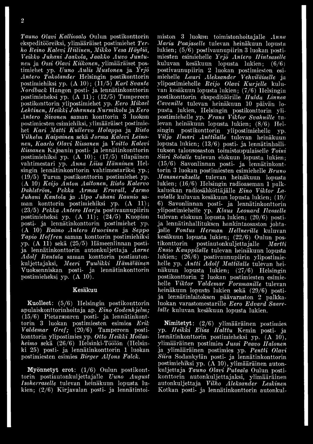 (A 10); (11/5) Karl Svante Nordback Hangon posti- ja lennätinkonttorin postimieheksi yp. (A 11); (12/5) Tampereen postikonttorin ylipostimiehet yp.