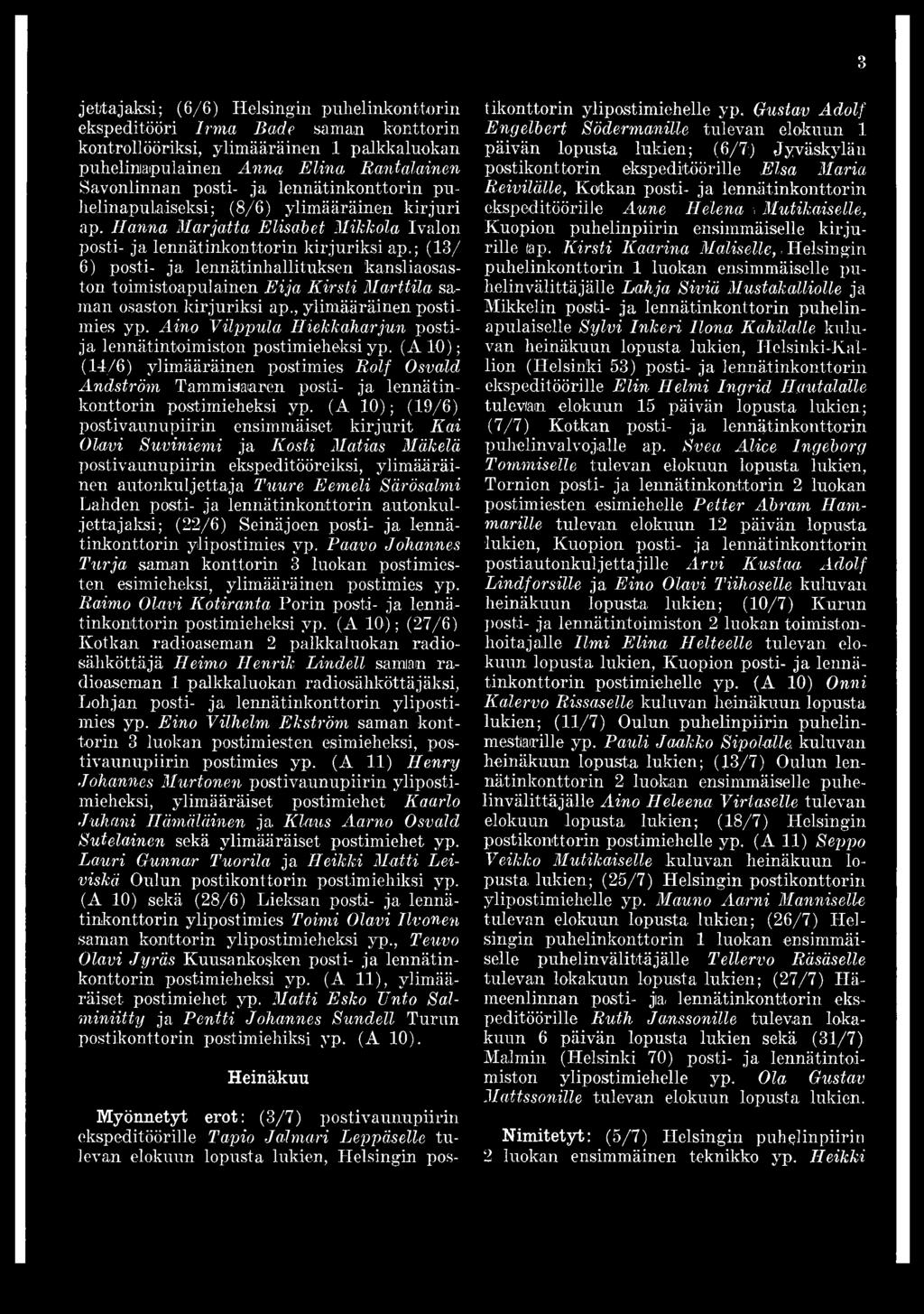 ; (13/ 6) posti- ja lennätinhallituksen kansliaosaston toimistoapulainen Eija Kirsti Marttila saman osaston kirjuriksi ap., ylimääräinen postimies yp.