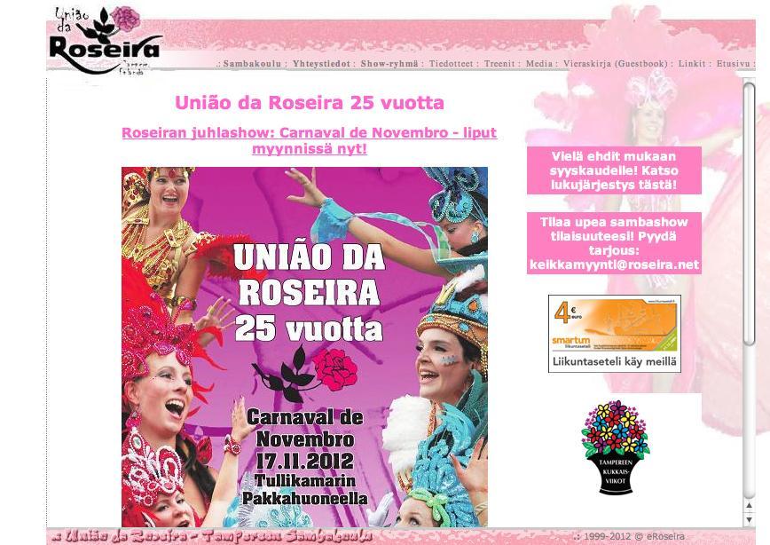 37 KUVA 8. Roseiran vanhan sivuston etusivu (União da Roseira ry 2012, kuvankaappaus) Sivuston sisällön jaottelun vuoksi monella sivulla oli liian pitkiä tekstejä, joiden sekaan tieto hukkui helposti.
