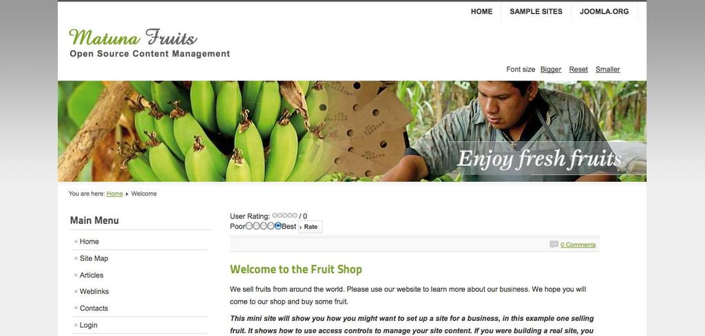 42 KUVA 9. Fruit Shop -sivupohja (Joomla (Version 2.5.8) 2012, kuvankaappaus) 6.2.3 Sivupohjan muokkaus ja tyylimäärittelyt Kopioin sivupohjan ja nimesin kopion nimellä roseiratmpl. Muokkasin mm.