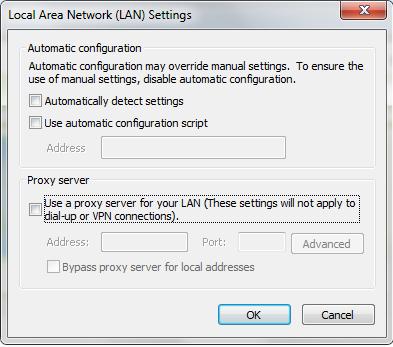 3. Poista Lähiverkkoasetukset (LAN) -näytöstä valintamerkki kohdasta Use a proxy