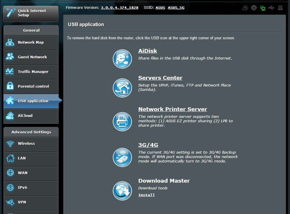 USB-sovelluksen käyttö USB-sovellusvalikkssa on useita valintoja, mm. AiDisk, Servers Center (Palvelinkeskus) ja Network Printer Server (Verkkotulostinpalvelin).