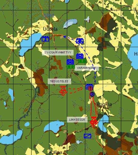 14 punaisen taistelutiedustelupartion tuloa alueelle. Sinisen panssarivaunujoukkue ryhmittyy nopeasti risteyksen alueelle.
