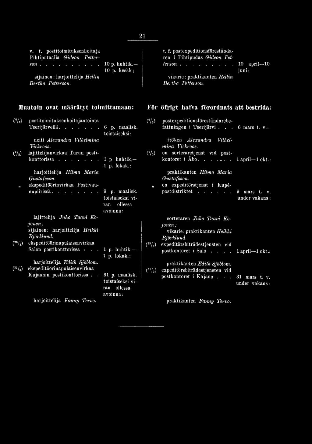 .. lajittelija Juho Taavi Kojonen; sijainen: harjoittelija Heikki Björklund. (23/3) ekspeditöörinapulaisenvirkaa Salon postikonttorissa :.. (31/a) 6 p. niaalisk. toistaiseksi: 1 p huhtik. 1 p. lokak.