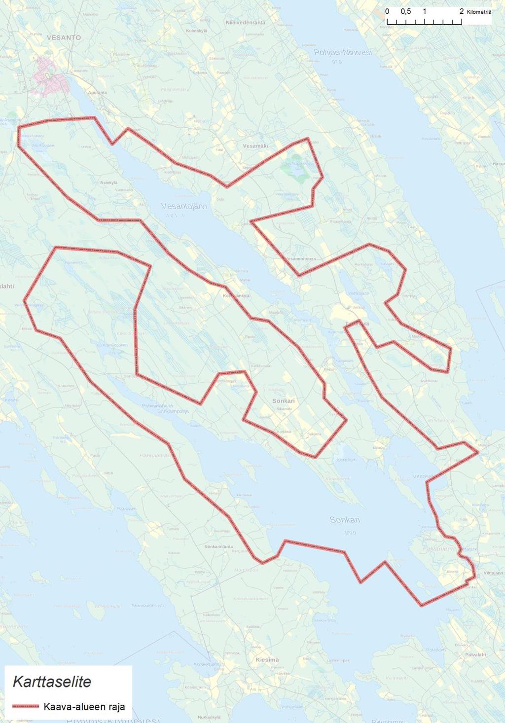 FCG SUUNNITTELU JA TEKNIIKKA OY Kaavaselostus (luonnos) 5 (77) Kuva 2. Vesantojärven ja Sonkarin rantaosayleiskaavan sijainti suhteessa keskustaajamaan. Kunnanhallitus on hyväksynyt 4.