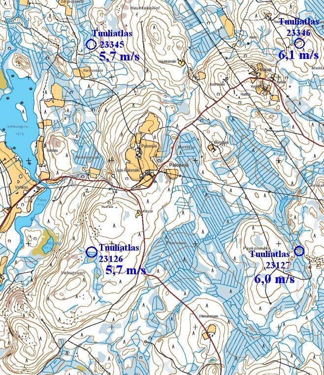 Multian alue ja LIBtiedostot Alueella on suuria korkeusvaihteluja Keskiarvot alhaisia Paikallisesti saavutettavissa kohtuullisia tuulennopeuksia mäkien päällä Kuvassa