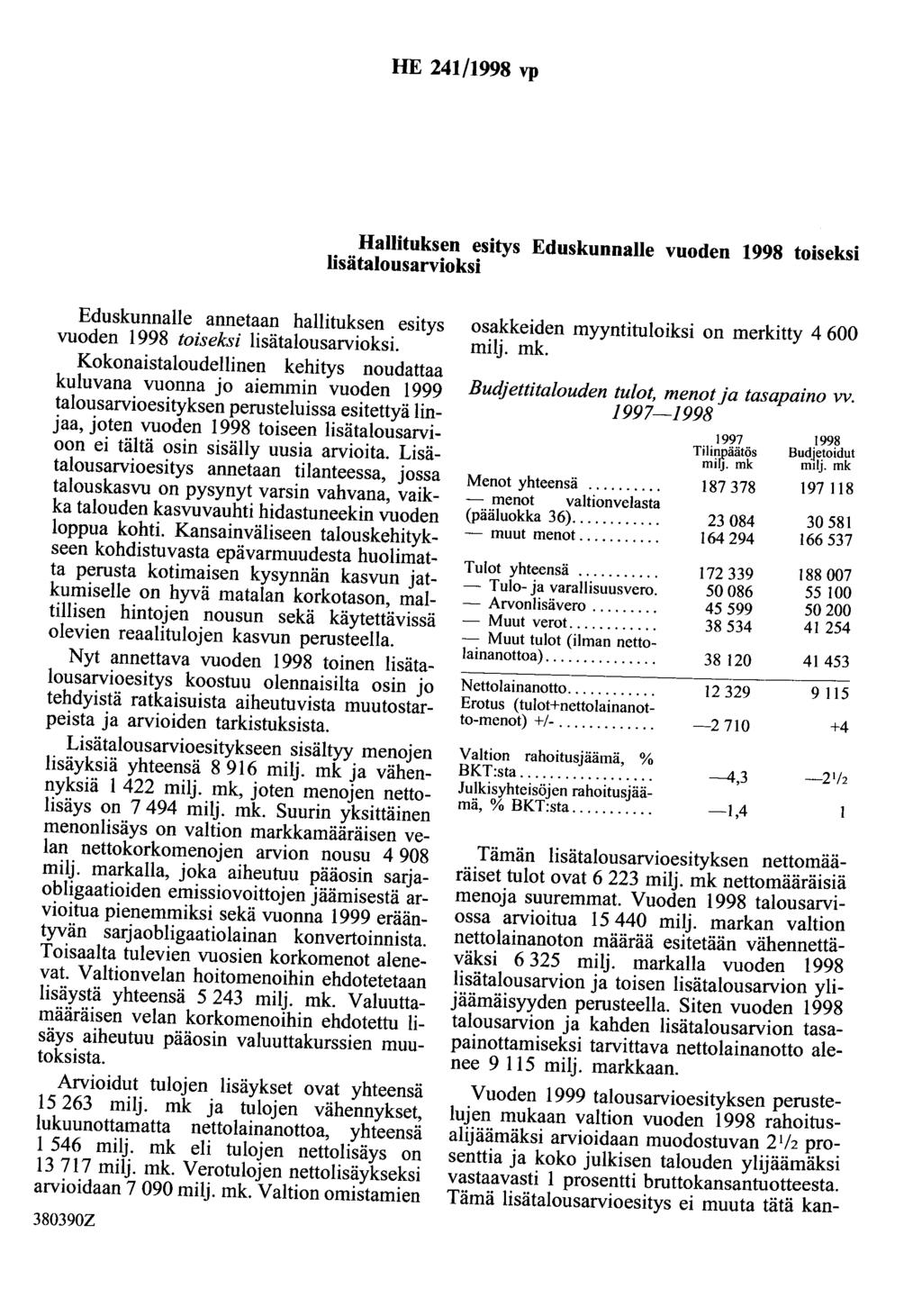 HE 241/1998 vp Hallituksen esitys Eduskunnalle vuoden 1998 toiseksi lisätalousarvioksi Eduskunnalle annetaan hallituksen esitys vuoden 1998 toiseksi lisätalousarvioksi.