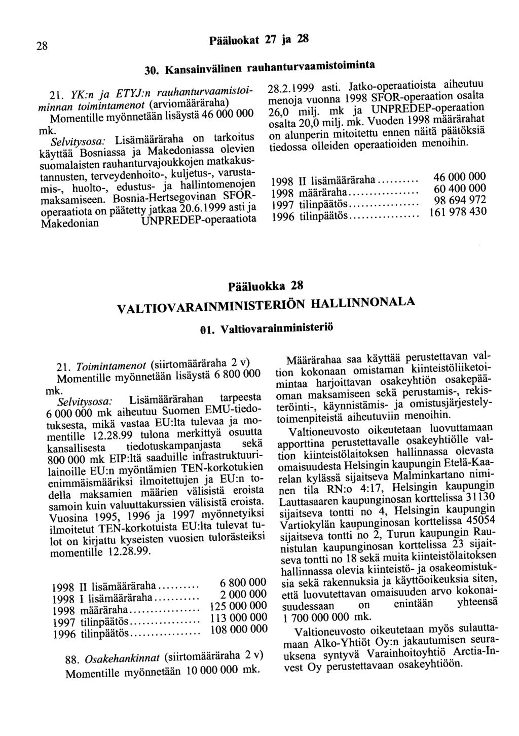 28 Pääluokat 27 ja 28 30. Kansainvälinen rauhanturvaamistoiminta 21.