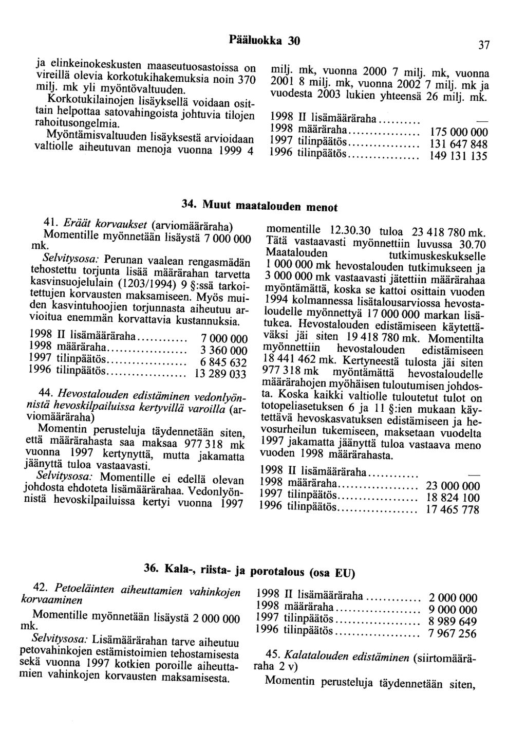 Pääluokka 30 37 ja elinkeinokeskusten maaseutuosastoissa on vireillä olevia korkotukihakemuksia noin 370 milj. mk yli myöntövaltuuden.