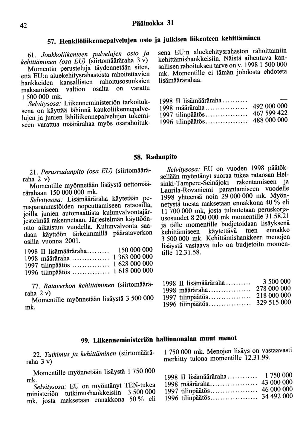 42 Pääluokka 31 57. Henkilöliikennepalvelujen osto ja julkisen liikenteen kehittäminen 61.