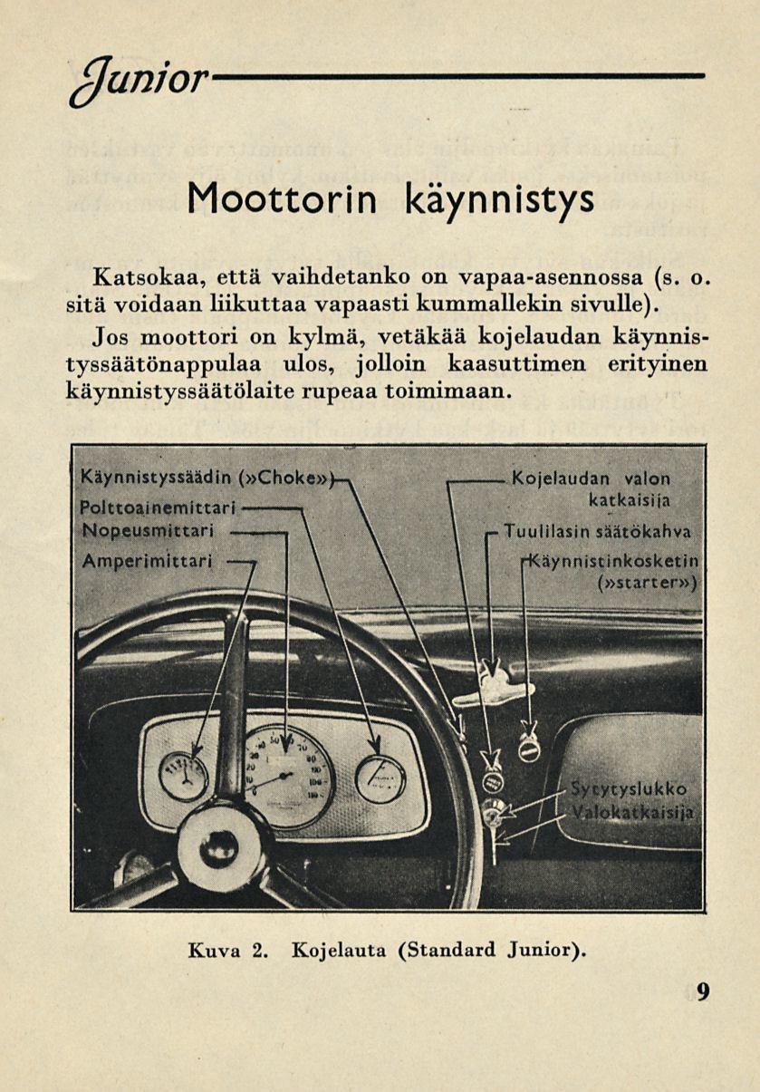 (Junior Moottorin käynnistys Katsokaa, että vaihdetanko on vapaa-asennossa (s. o. sitä voidaan liikuttaa vapaasti kummallekin sivulle).