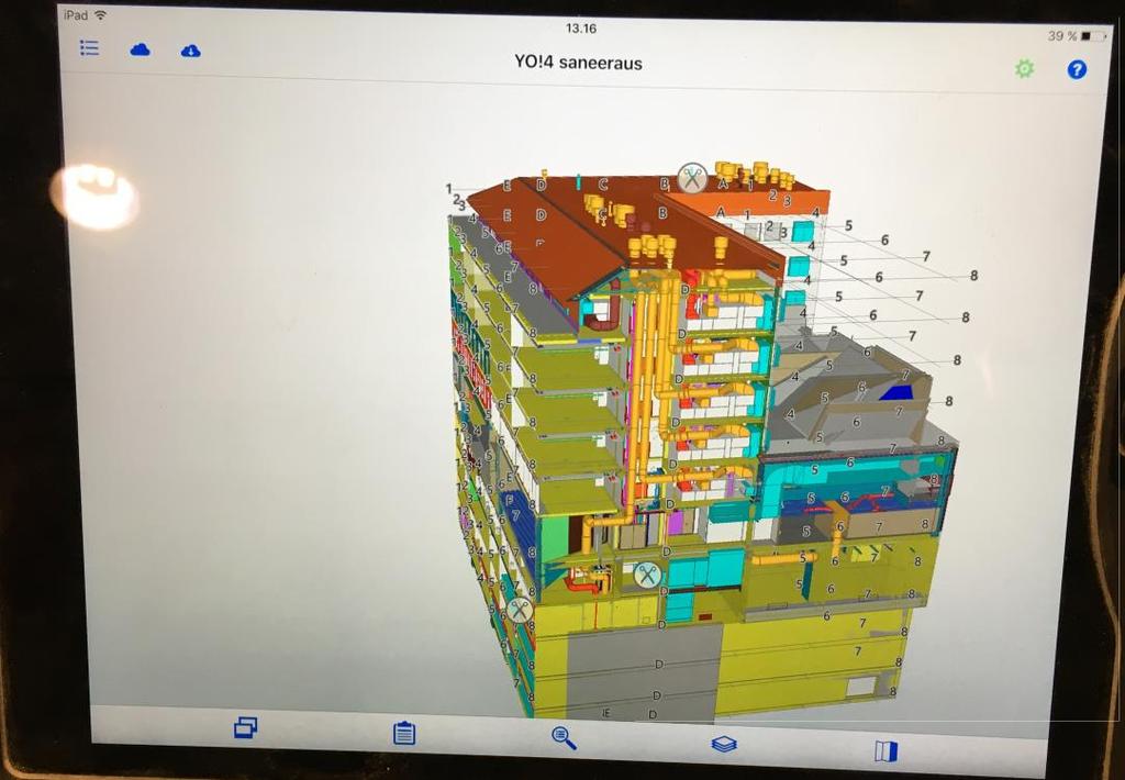12 Kuva 6. Yliopistonkatu 4:n saneerauskohteessa Tekla Field3D on työmaatoiminnassa työnjohdon sekä asentajien käytössä ja soveltuu muun muassa ios-käyttöjärjestelmiin.