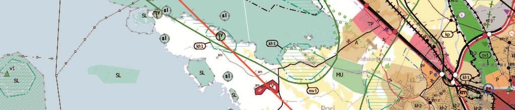 satamatoimintojen kehittämisen kohdealue (ls, paksu punamusta rajaus) ja Kokemäenjoen jokisuiston tulvariskin selvitysalue (se1, musta rajaus).