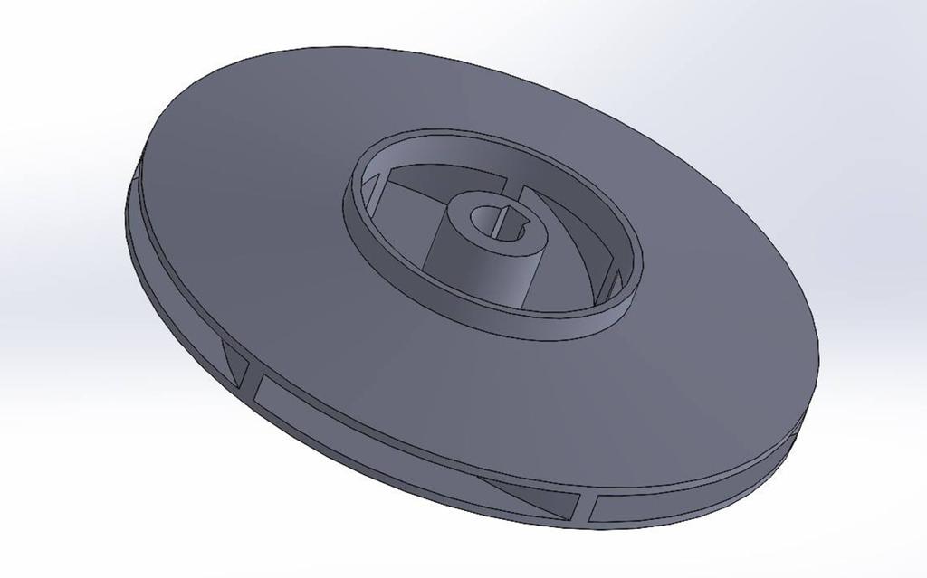 7 suunnitellusta juoksupyörästä. Juoksupyörä suunniteltiin keskipakoispumppuun ja 3Dmalli luotiin SolidWorks-ohjelmalla. 2.