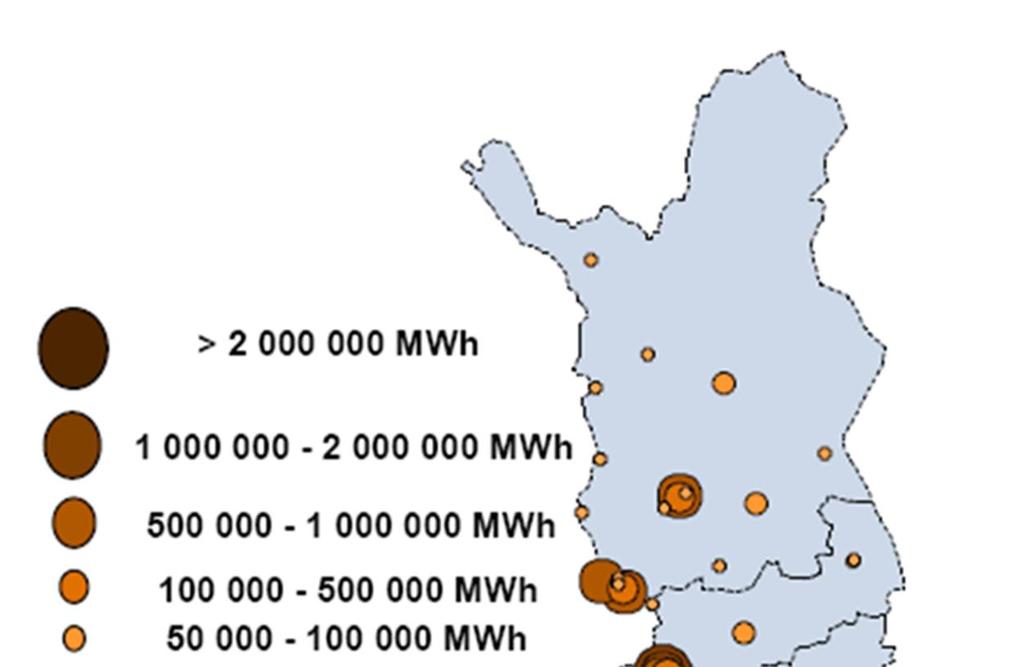 merkittävin kotimainen polttoaine, jolla voidaan lisätä energiantuotannon omavaraisuutta ja huoltovarmuutta. Turpeen energiakäyttöä eri paikkakunnittain on esitetty kuvassa (Kuva 2-1).