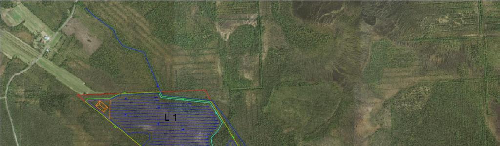Kuva 5-1. Vaihtoehto 1 (VE1). Tuotantolohkojen (L1-L10) ja pintavalutuskentän (PVK1) sijoittuminen ilmakuvalla. 5.3 Vaihtoehto 2 Turvetuotantoalueen koko auma-alueineen on 171,5 ha.