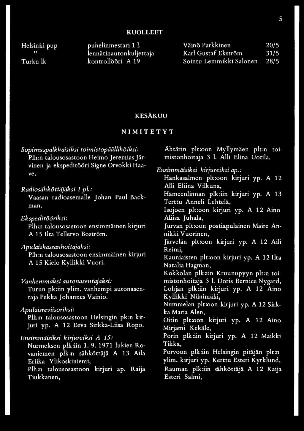 talousosastoon Heimo Jeremias Järvinen ja ekspeditööri Signe Orvokki Haave. Radiosähköttäjäksi 1 p l: Vaasan radioasemalle Johan Paul Backman.